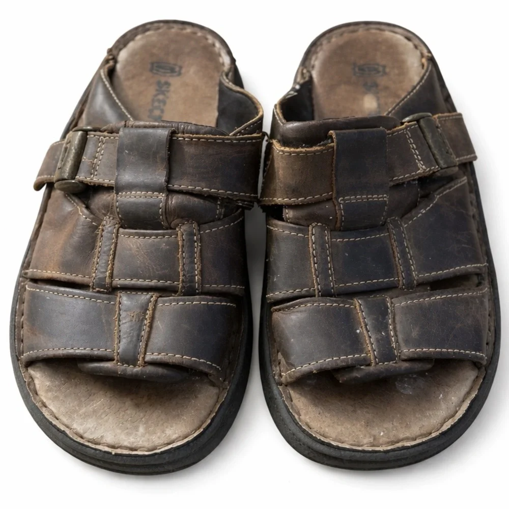 Vintage Unisex Skechers Leather Comfort Sandals Brown Adjustable Slide Y2K‎